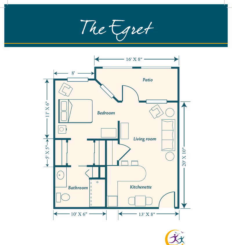 Floor plan titled 'The Egret' showing a layout with a bedroom, bathroom, living room, kitchenette, and patio. The bedroom contains a bed and chair, the bathroom has a toilet and sink, the living room has a sofa and chair, and the kitchenette includes a counter with stools and a small dining table. Dimensions for each room and area are marked.