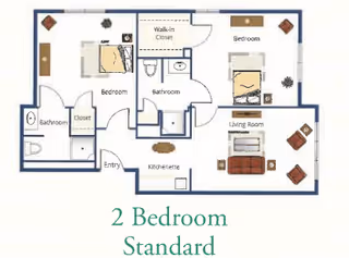 Floor plan of a two-bedroom standard apartment at The Terraces at Capitol Village, showing two bedrooms, two bathrooms, a living room, kitchenette, closets, and an entry area.