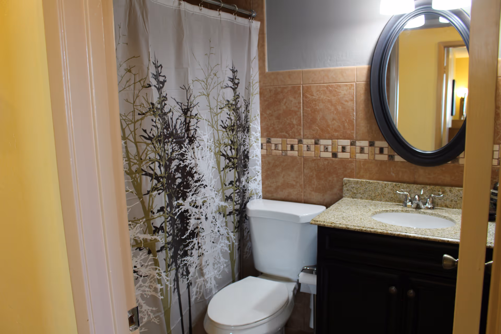 Bathroom with a white toilet, a granite countertop with a sink, a dark wood vanity, a round mirror above the sink, and a shower with a curtain featuring a tree design.