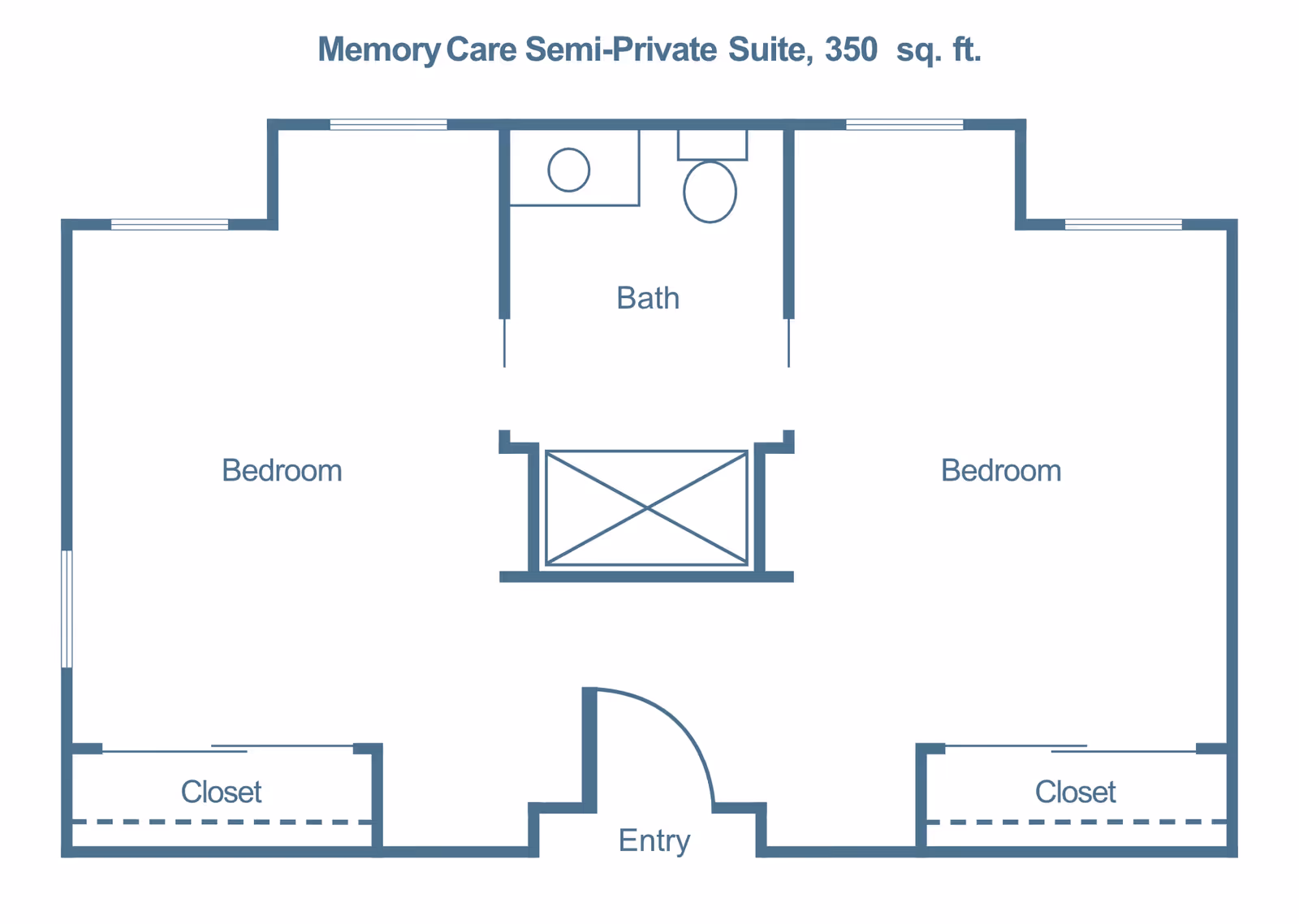 Floor plan of a Memory Care Semi-Private Suite measuring 350 square feet, showing two bedrooms each with a closet, a shared bathroom with a sink and toilet, and an entry area.