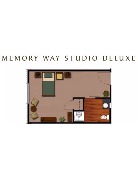 Floor plan of a Memory Way Studio Deluxe apartment featuring a single bed with two nightstands, a small seating area with two chairs and a round table, a dresser, a closet, and a bathroom with a toilet and sink.
