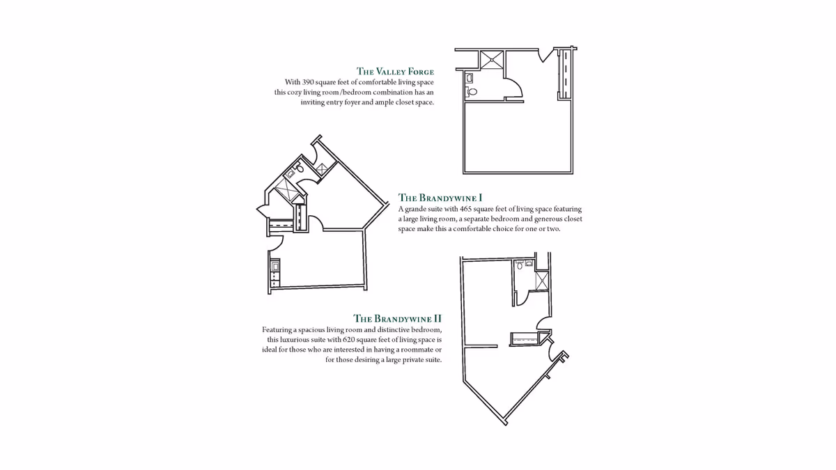 Architectural floor plans for three different living suites named The Valley Forge, The Brandywine I, and The Brandywine II, each showing room layouts including living spaces, bedrooms, bathrooms, and closets with descriptions of square footage and features.