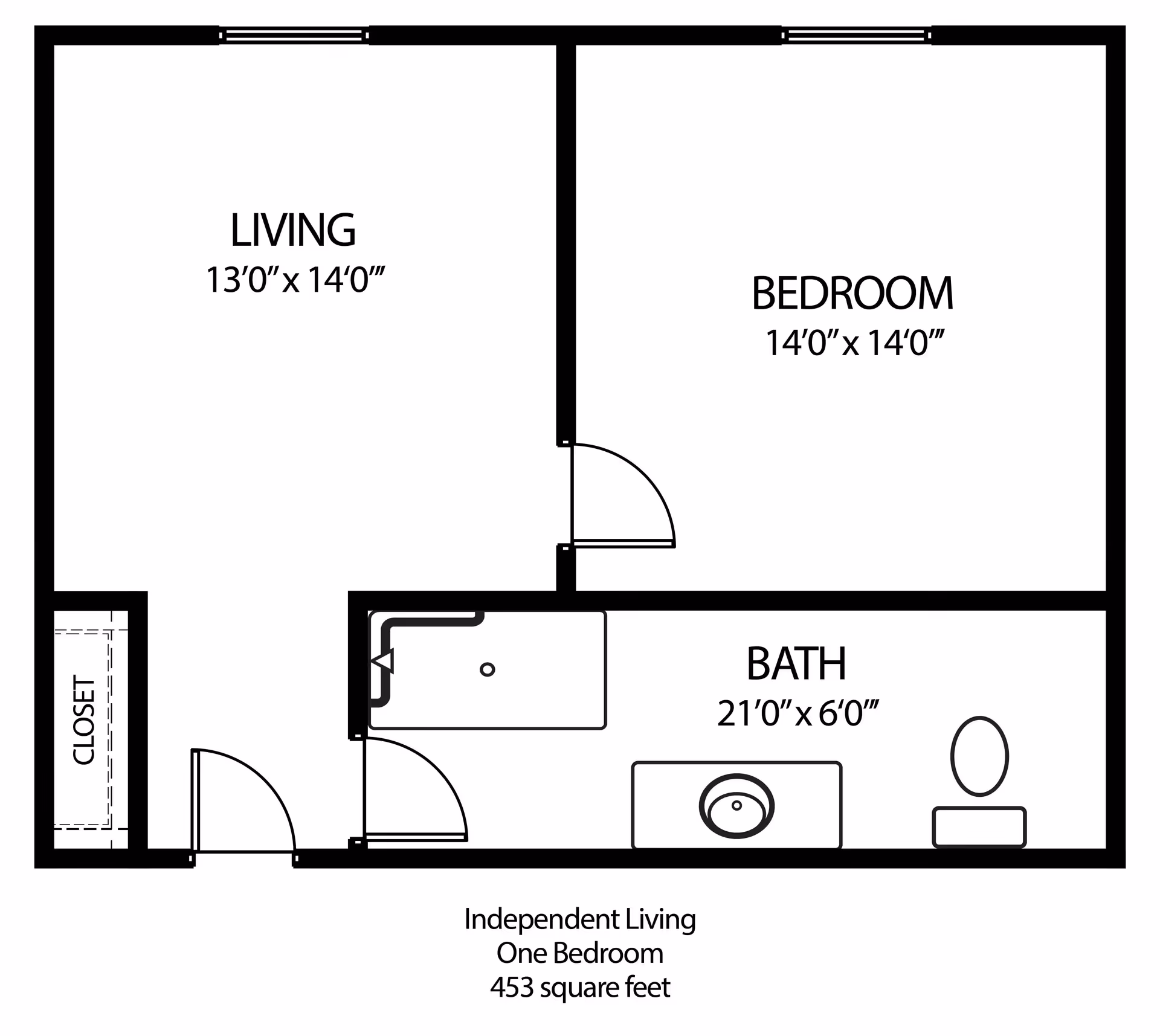 Floor plan of an independent living one-bedroom apartment with a living room measuring 13 feet by 14 feet, a bedroom measuring 14 feet by 14 feet, a bathroom measuring 21 feet by 6 feet, and a closet near the entrance. The total area is 453 square feet.