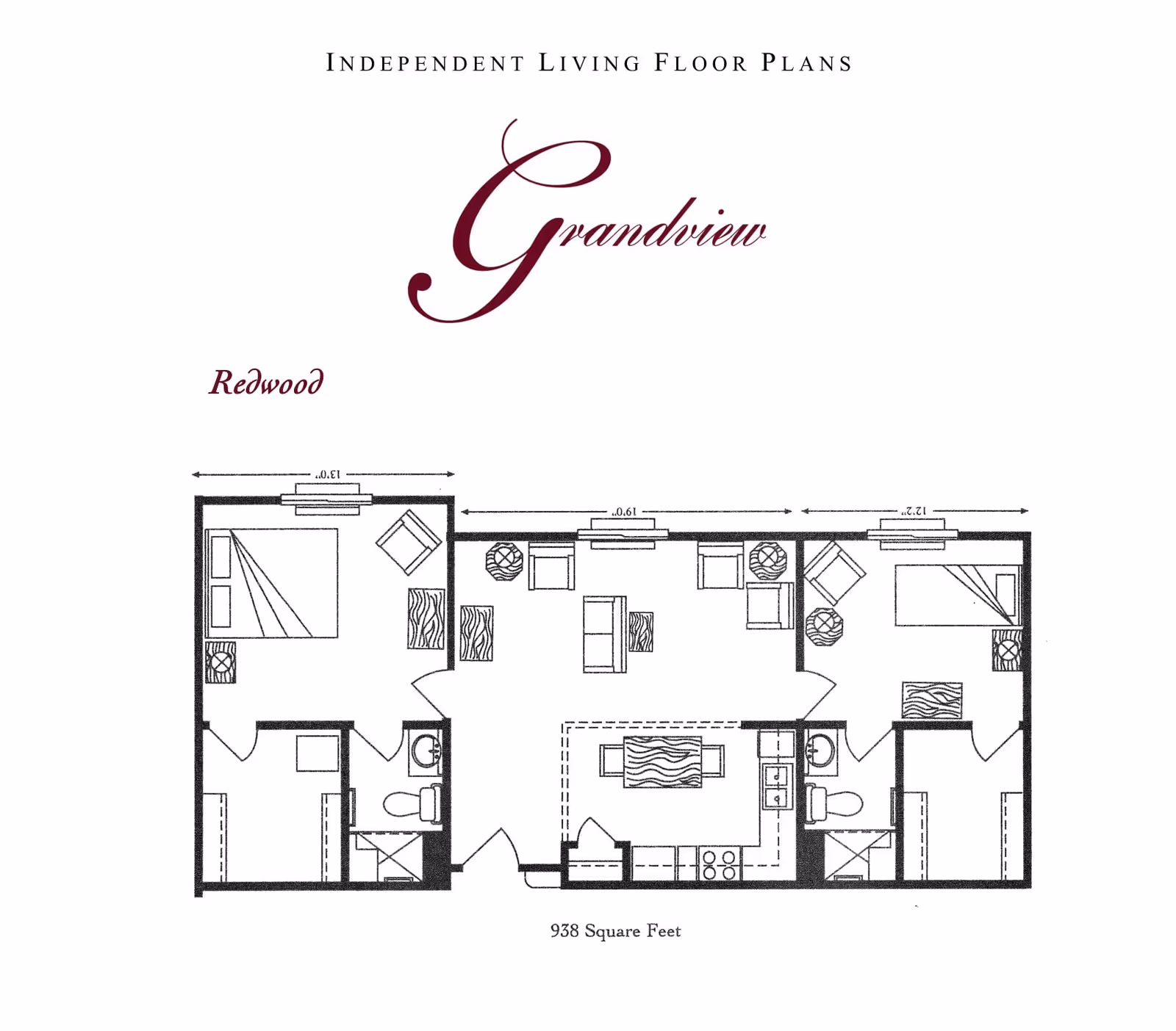 Floor plan layout for the Redwood unit at Grandview Assisted and Independent Living, showing a 938 square feet independent living space with two bedrooms, two bathrooms, a kitchen with an island, and a living area.