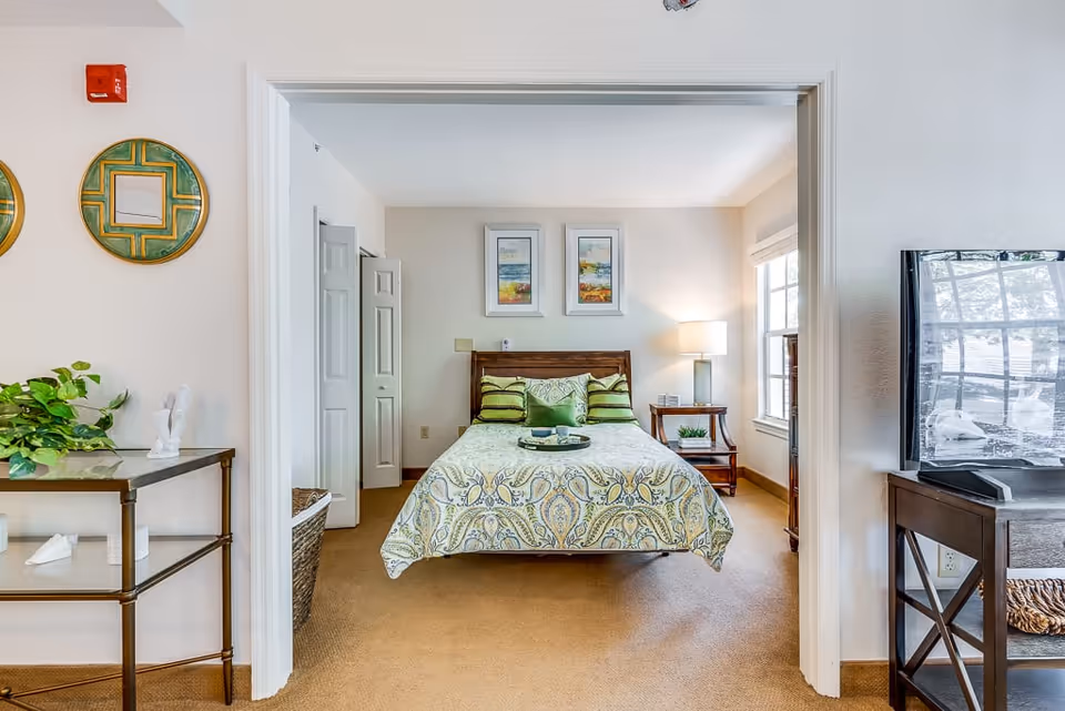 A cozy bedroom with a bed covered in a patterned bedspread and several pillows. The room has beige walls, a window with blinds on the right, a wooden nightstand with a lamp, and two framed pictures hanging above the bed. There is a small table with a plant and decorative items on the left side of the image and a TV on a stand on the right side.