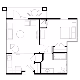 Architectural floor plan of a one-bedroom apartment featuring a living room with seating, a kitchen area, a bedroom with a bed, and a bathroom with a toilet and sink. There is also a small balcony with a table and two chairs.