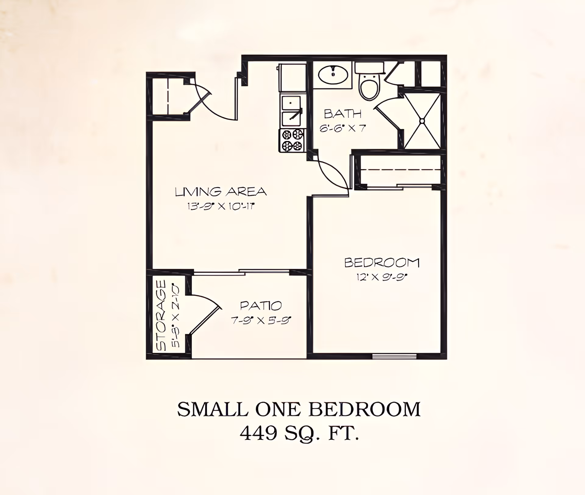 Black-and-white floor plan labeled 'Small One Bedroom 449 SQ. FT.' showing a living area, bedroom, bath, kitchen, patio, and storage.