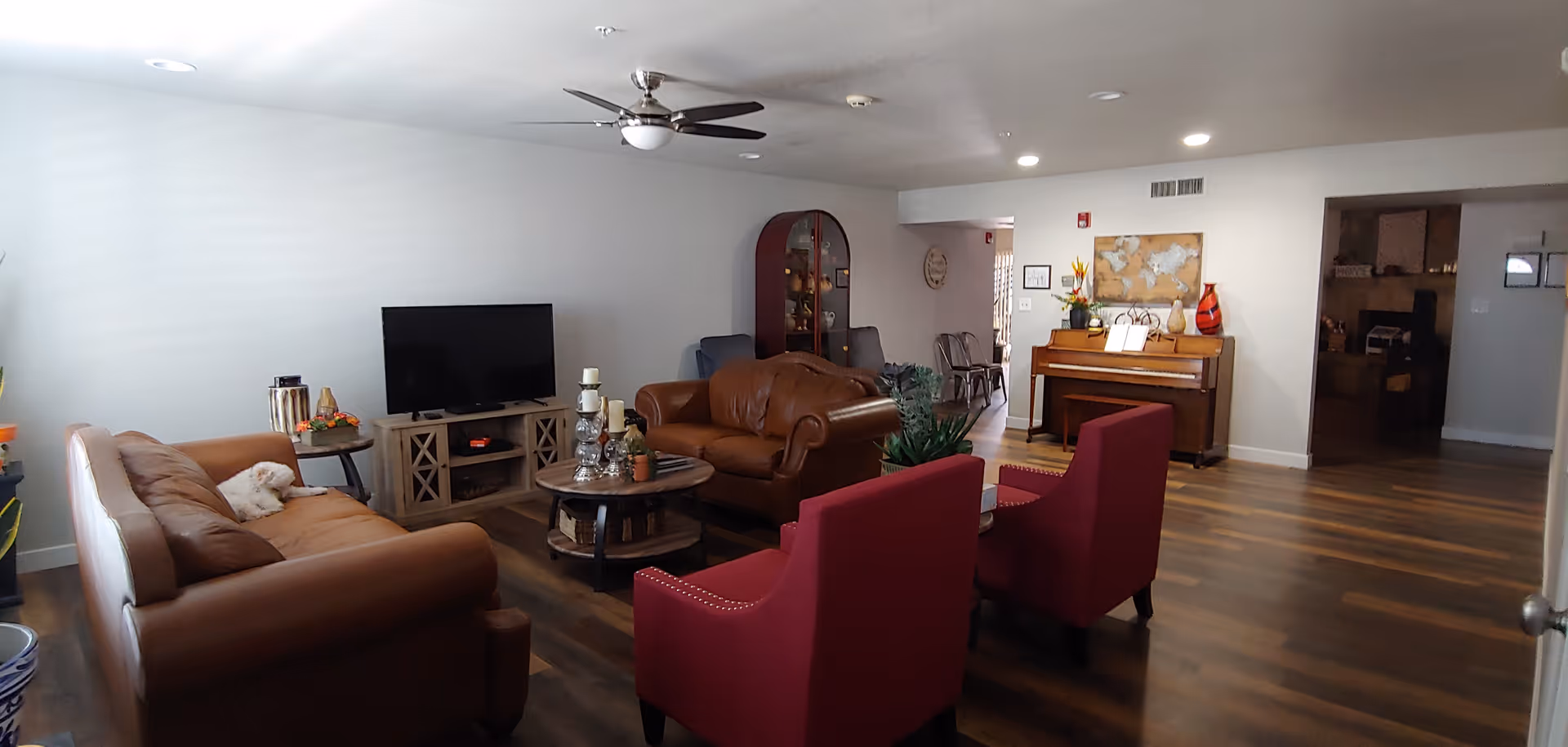 Spacious communal living room with leather sofas, two red armchairs, a TV, coffee table, and a piano on wood flooring.