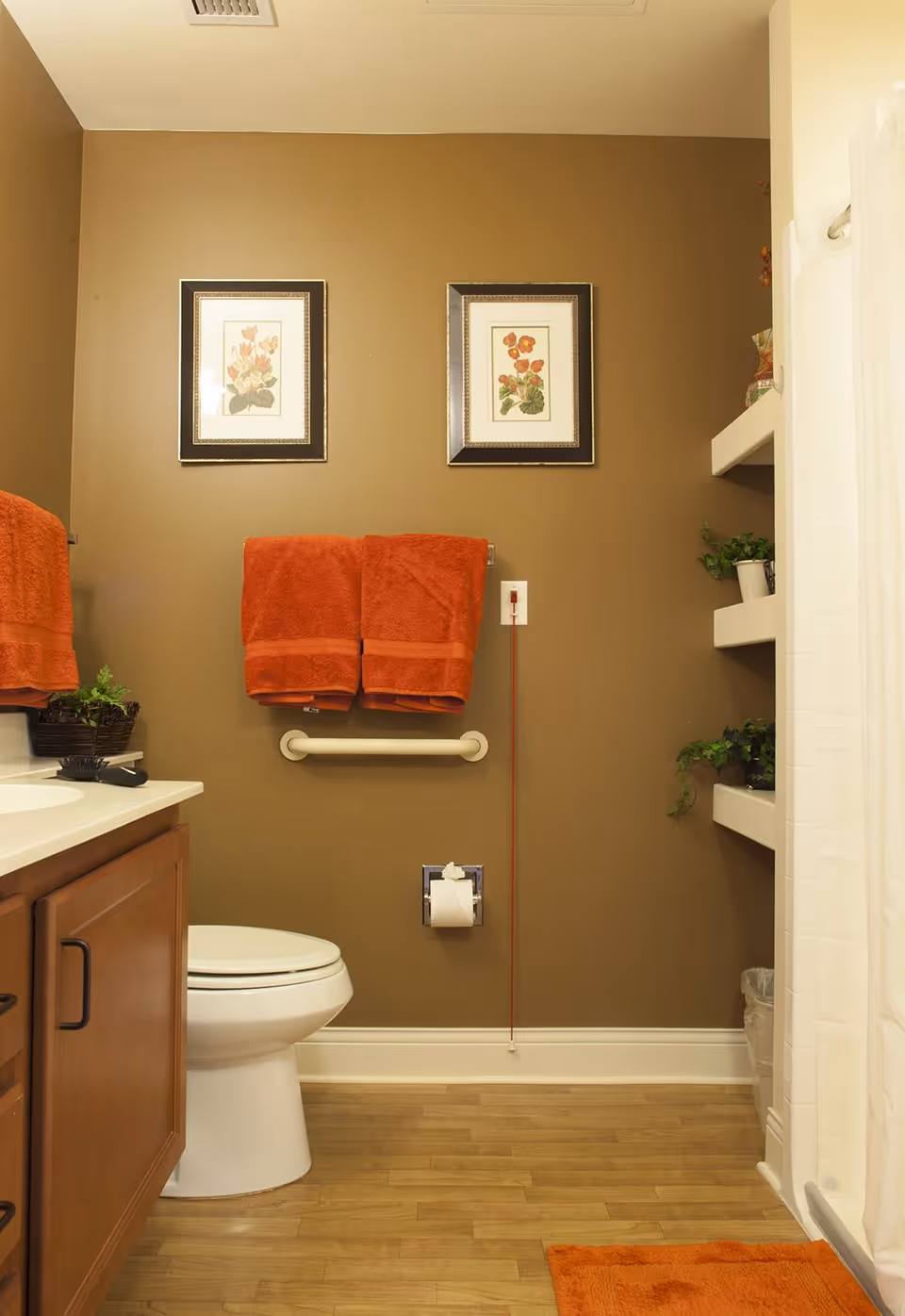 A bathroom with a white toilet, wooden cabinet with a white countertop, and orange towels hanging on a towel rack. The walls are painted brown and decorated with two framed floral pictures. There are shelves with small potted plants and a white shower curtain on the right side. The floor is wooden with an orange bath mat.
