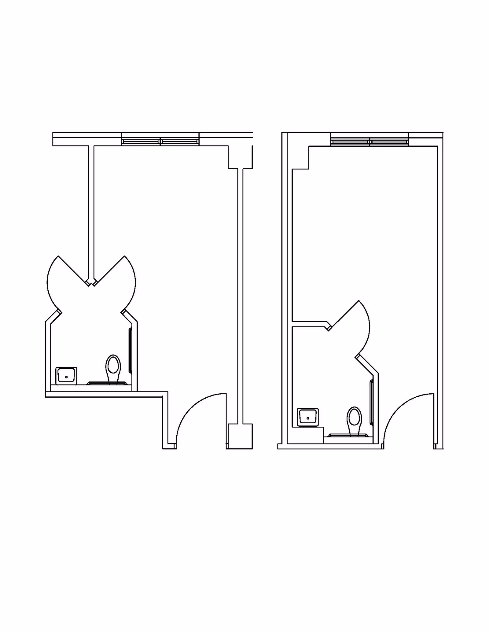 Black-and-white floor plan diagram showing two adjacent room layouts with small bathrooms containing toilets and sinks.