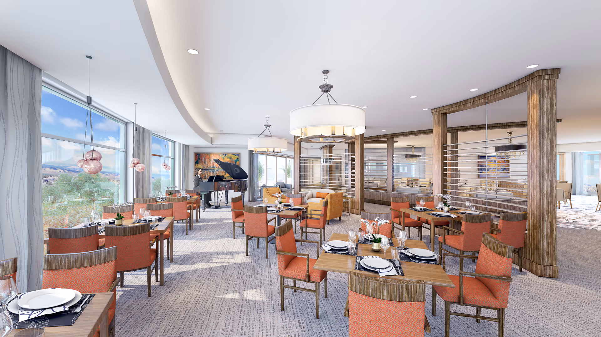 A bright and spacious dining room with large windows offering a scenic view. The room features multiple wooden tables set with plates, glasses, and silverware, surrounded by orange cushioned chairs. In the background, a person is playing a grand piano near a colorful painting. The room has modern light fixtures and a neutral carpeted floor.