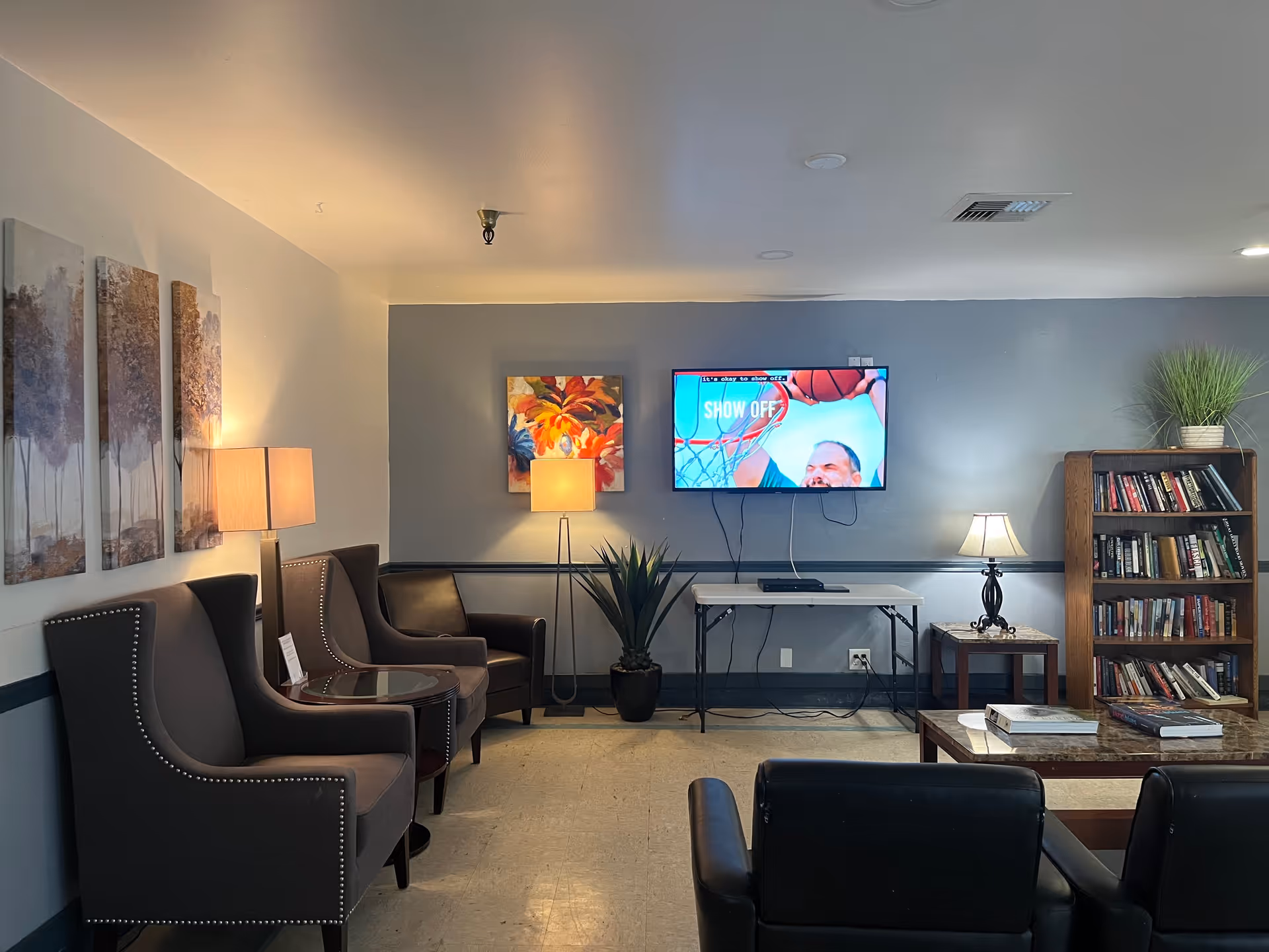 A cozy living room area with several armchairs and a small sofa arranged around a coffee table with books on it. A flat-screen TV is mounted on a gray wall showing a basketball game. The room is decorated with a potted plant, a bookshelf filled with books, two table lamps, a floor lamp, and colorful artwork on the walls.