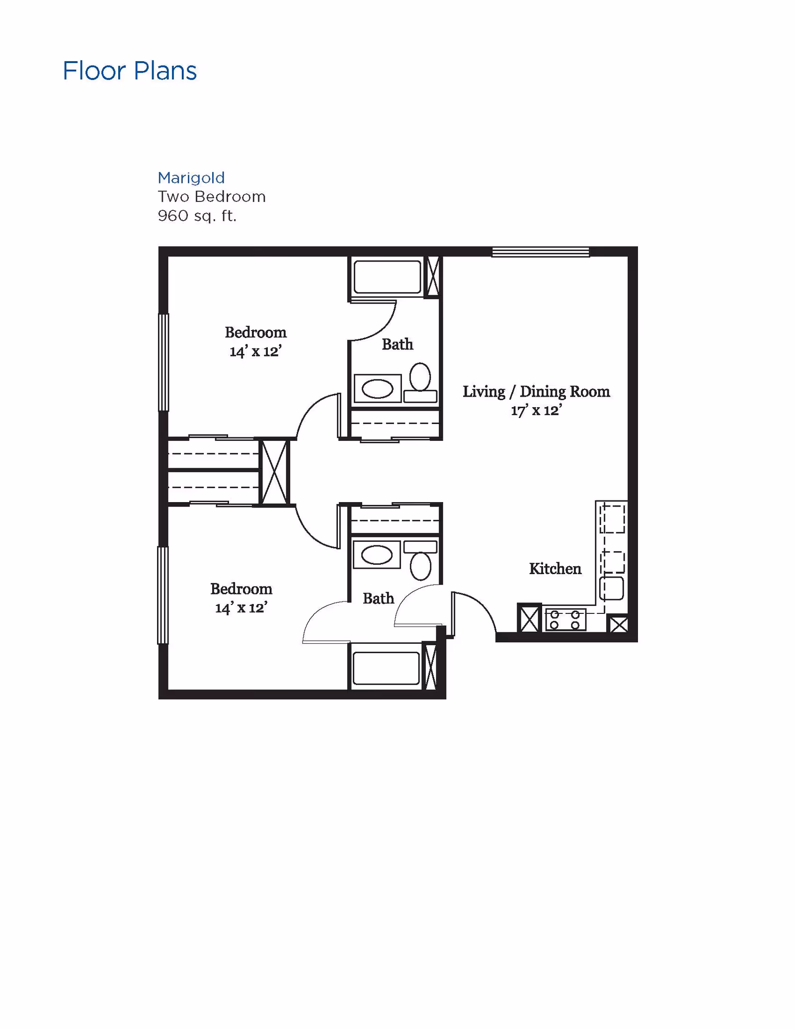 Floor plan of a two-bedroom apartment named Marigold with 960 square feet. It includes two bedrooms each measuring 14 by 12 feet, two bathrooms, a combined living and dining room measuring 17 by 12 feet, and a kitchen area.