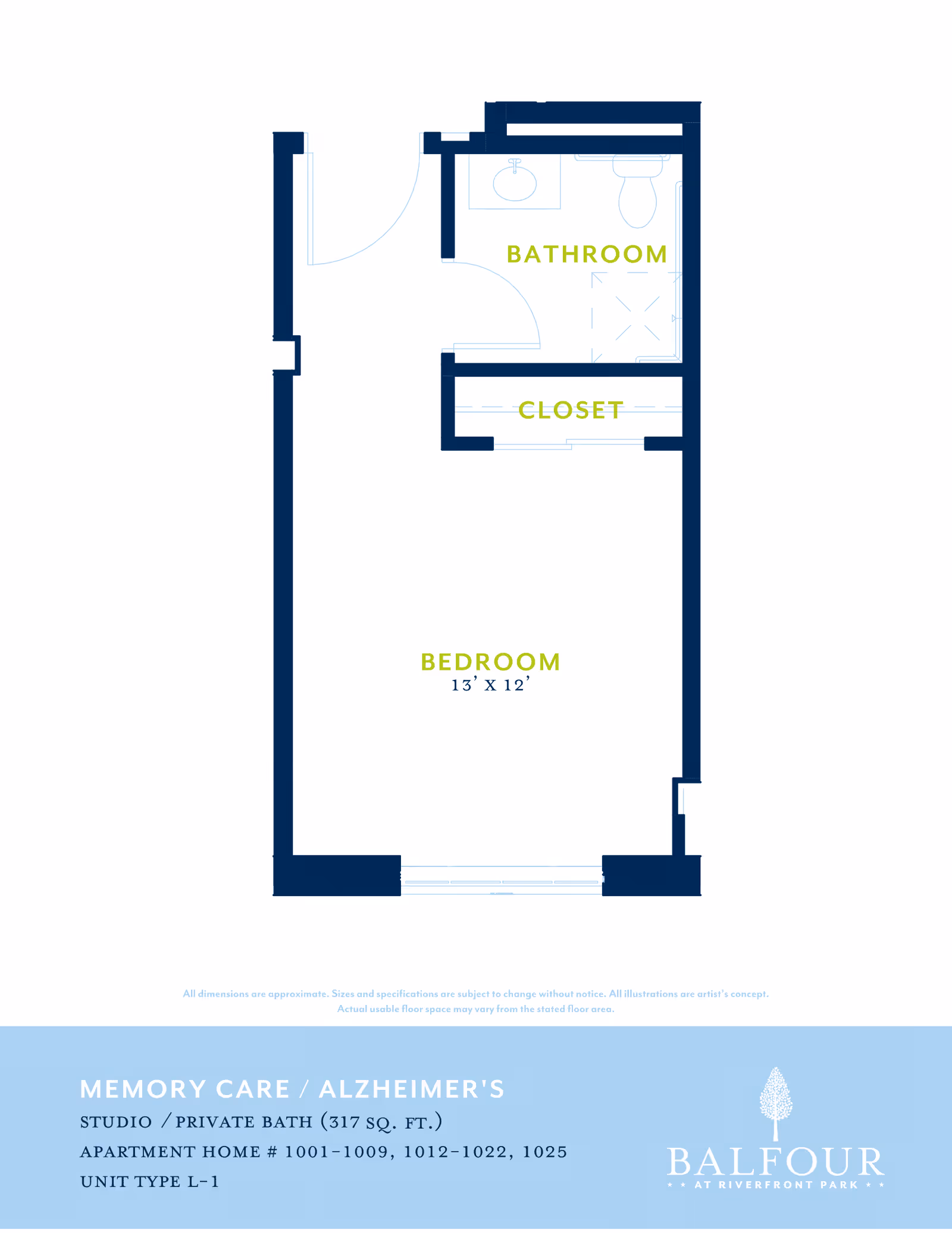 Floor plan of a memory care studio apartment at Balfour at Riverfront Park, showing a bedroom measuring 13 by 12 feet, a closet, and a private bathroom.