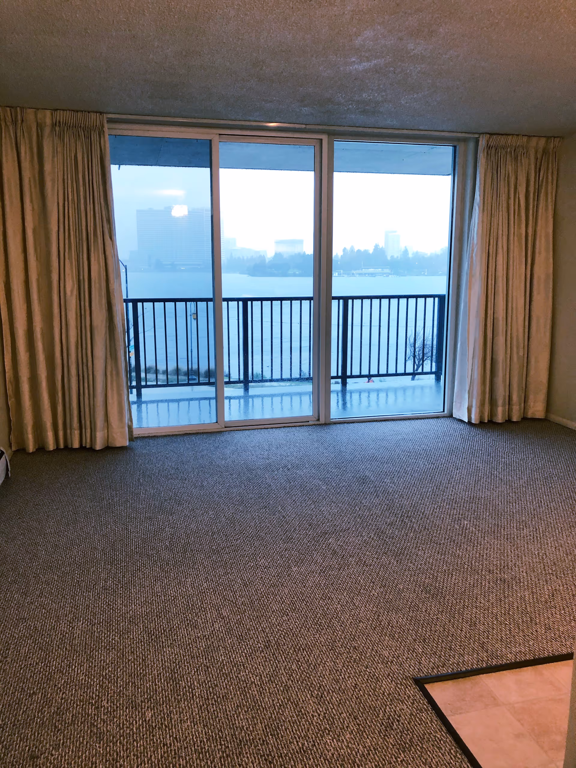 Empty room with beige carpet and sliding glass doors leading to a balcony overlooking a body of water and distant buildings on a foggy day. Beige curtains frame the glass doors.