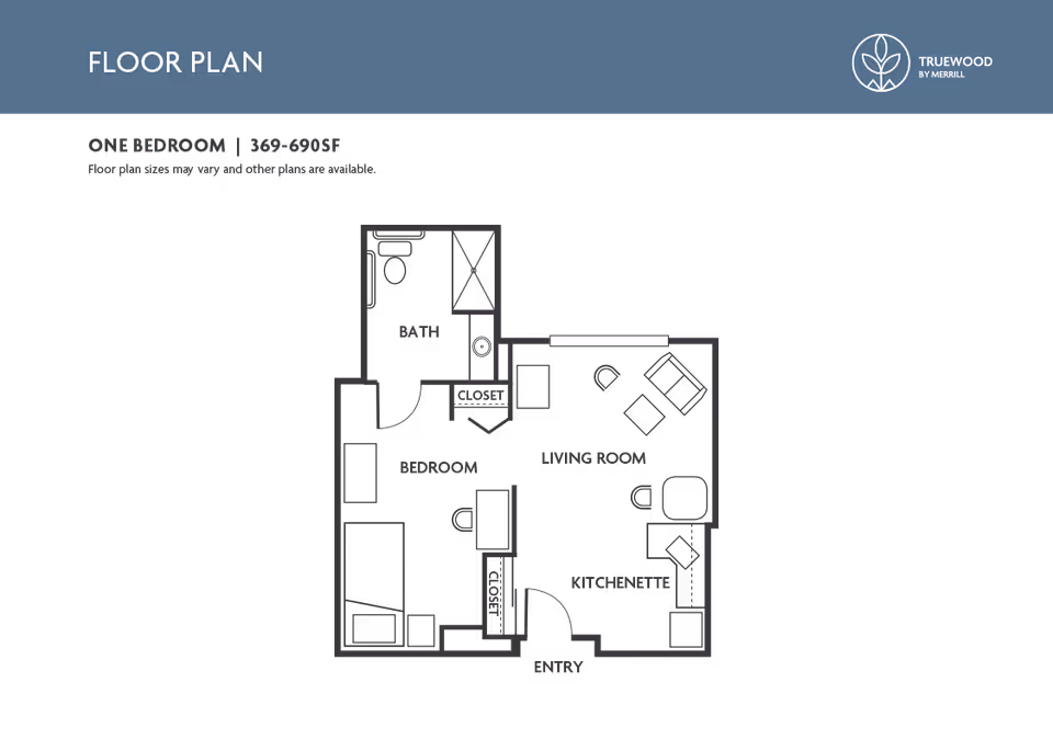 Floor plan diagram of a one-bedroom apartment showing bath, bedroom, living room, kitchenette and entry with Truewood branding.