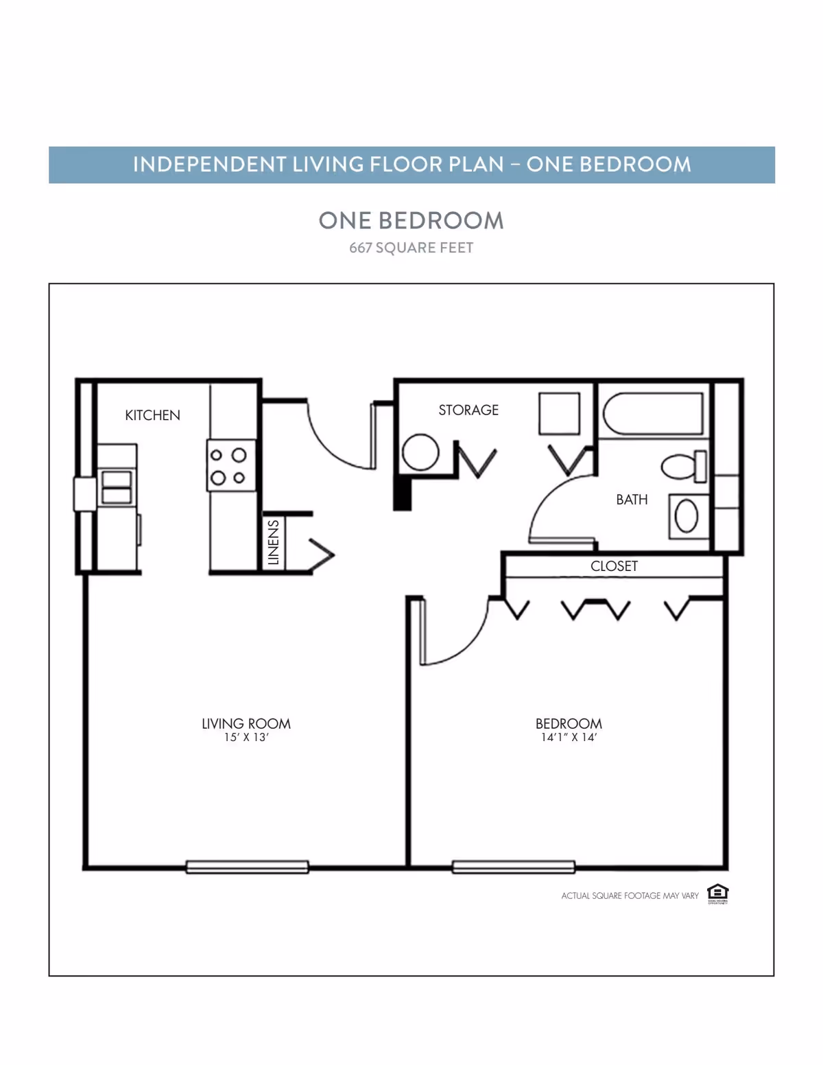 Black-and-white one-bedroom floor plan labeled with a kitchen, living room, bedroom, bath, closet and storage (667 square feet).