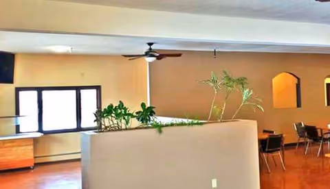 Interior common area with a planter divider, ceiling fan, windows, and adjacent dining tables.