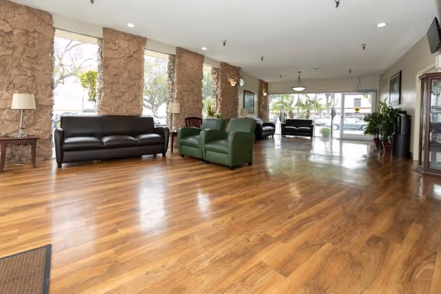 Spacious seating area with wooden flooring, featuring black leather sofas and green armchairs arranged near large windows with stone pillars. The room is well-lit with ceiling lights and has glass doors leading outside. There are side tables with lamps and some plants near the entrance.