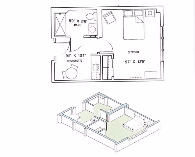 Architectural floor plan and 3D layout of a senior living unit at Braemar at Wallkill, showing a bedroom measuring 15'7" by 12'9", a kitchenette measuring 9'5" by 10'1", and a bathroom measuring 5'9" by 9'5" with a shower, toilet, and sink.