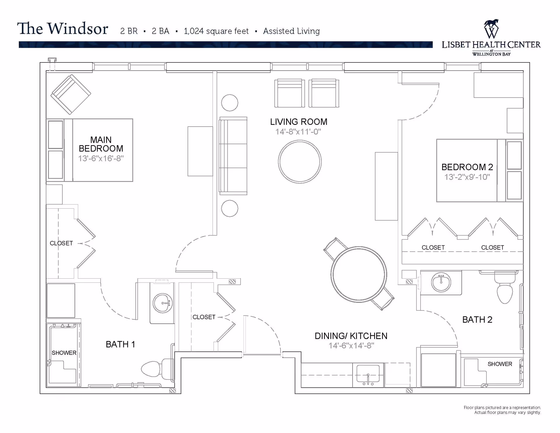 Floor plan of The Windsor, a 2 bedroom, 2 bathroom assisted living unit at Lisbet Health Center, Wellington Bay, showing main bedroom, bedroom 2, living room, dining/kitchen area, two bathrooms with showers, and multiple closets.