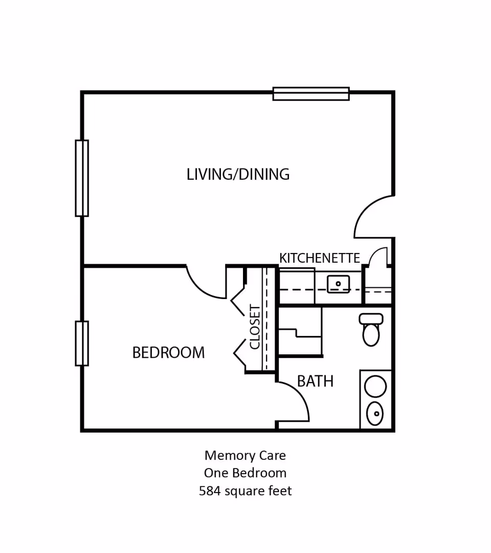 Floor plan of a memory care one-bedroom unit at The Harrison, showing a living/dining area, bedroom, closet, kitchenette, and bathroom, totaling 584 square feet.