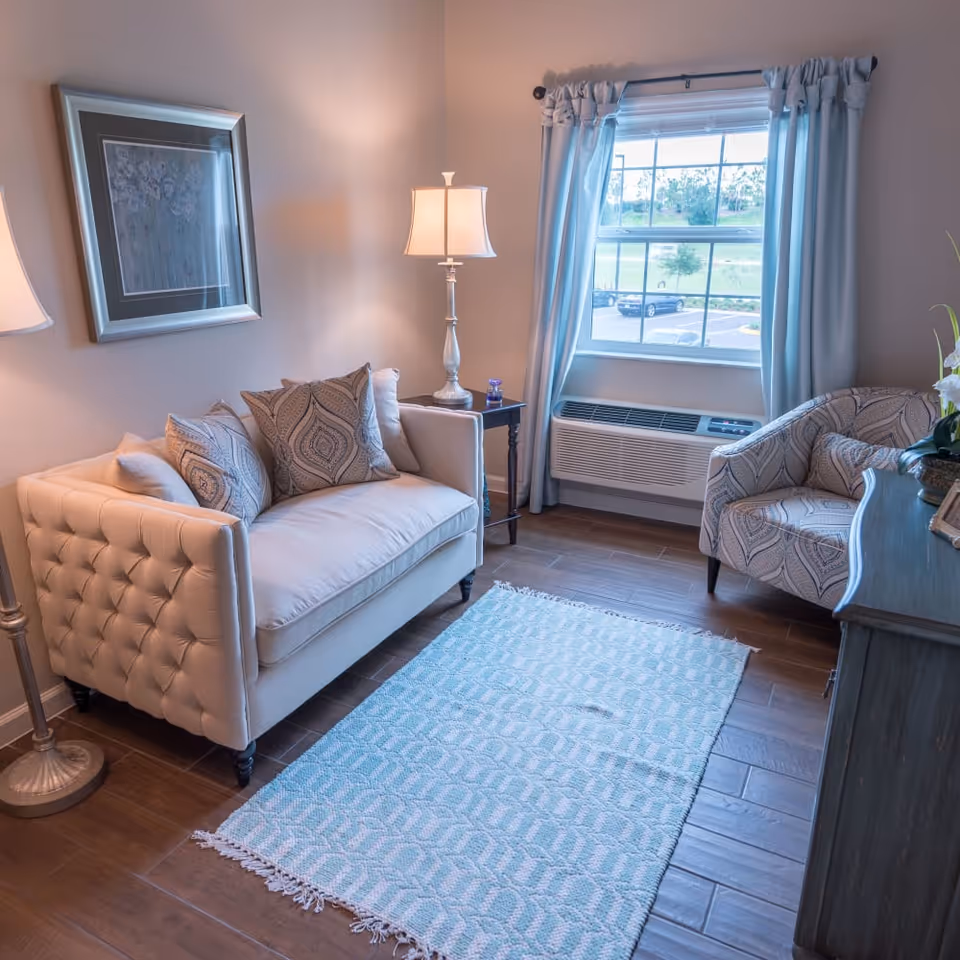 A cozy living room with a beige tufted loveseat adorned with patterned pillows, a matching armchair, a light blue patterned rug on wooden flooring, a side table with a lamp, and a window with light blue curtains overlooking a parking lot and greenery outside.