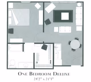 Floor plan of a one-bedroom deluxe apartment at Rock Hill Grove Senior Living, showing a bedroom with a bed and nightstand, a living room with seating and a coffee table, a kitchen area with a round dining table and chairs, a bathroom with a toilet and sink, and a closet space. The overall dimensions are 24 feet 2 inches by 21 feet 3 inches.