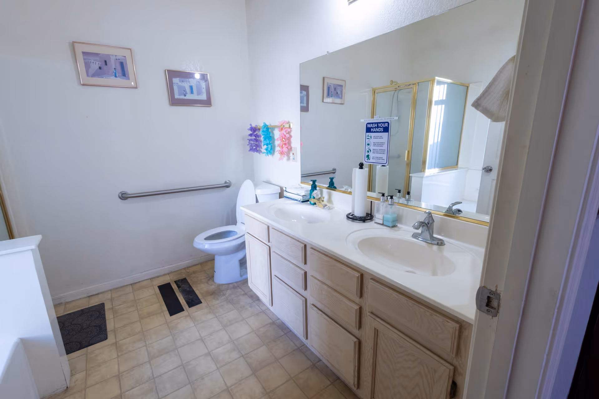 A bright bathroom featuring a double-sink vanity with a large mirror, toilet, grab bar and a glass-enclosed shower.