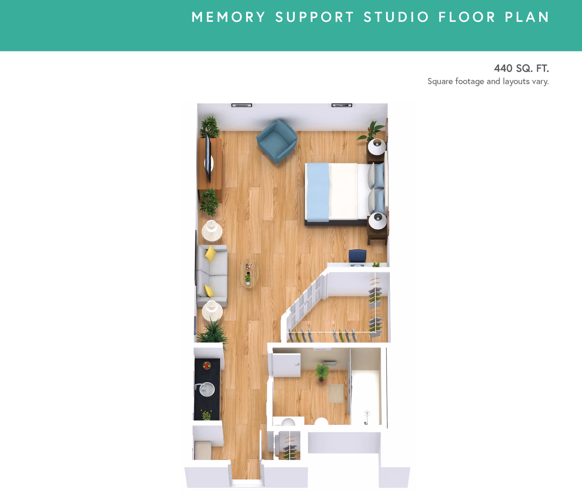 Rendered top-down studio floor plan showing a combined bedroom and living area with bed, sofa, kitchenette, bathroom, closet, and entryway.
