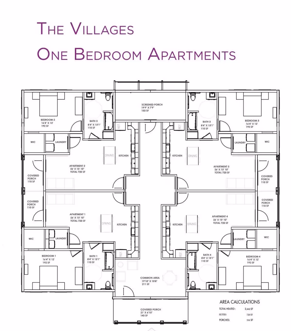 Architectural floor plan of The Villages one bedroom apartments showing four separate apartments each with a bedroom, bathroom, kitchen, dining area, laundry, walk-in closet, and covered porch. The center includes a common area and a screened porch.