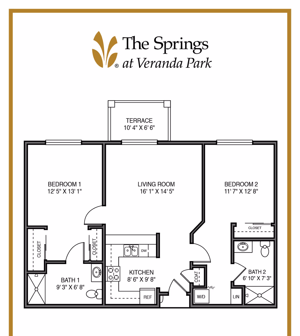 Floor plan of a two-bedroom apartment at The Springs at Veranda Park, showing Bedroom 1 with closet and Bath 1, Bedroom 2 with closet and Bath 2, a kitchen with refrigerator and dishwasher, a living room, a terrace, a coat closet, washer/dryer area, and linen closet.