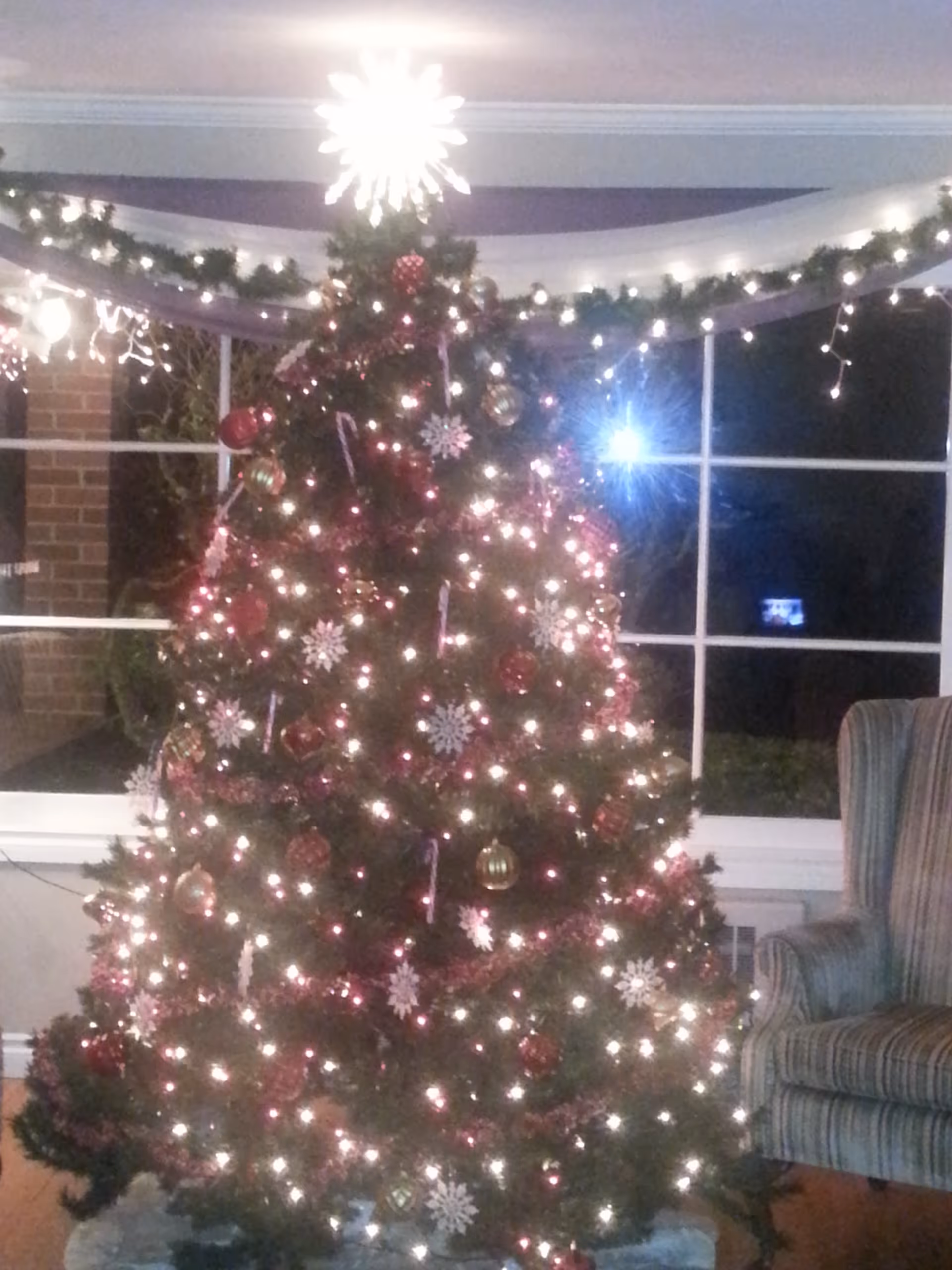 A decorated Christmas tree with white and red lights, red and gold ornaments, candy canes, and snowflake decorations. The tree is topped with a bright star and is placed in front of a large window with garland and string lights hanging above. To the right of the tree is a striped upholstered armchair.