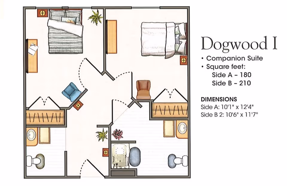 Floor plan of Dogwood I companion suite at St Josephs Village, showing two bedrooms each with a bed, nightstand, and closet. The suite includes two bathrooms with sinks and toilets, a shared central area with chairs and plants, and dimensions for each side.