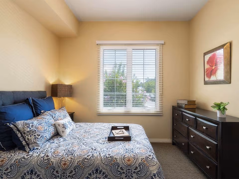 A cozy bedroom with a patterned bedspread in blue, white, and orange tones on a bed with multiple pillows. A dark wooden nightstand with a lamp is beside the bed. A large window with white blinds lets in natural light, and a dark wooden dresser with books and a small plant is against the opposite wall. A framed picture of a red flower hangs above the dresser.