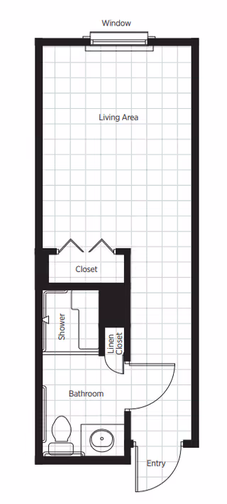 Architectural floor plan of a senior living unit at Belmont Village Senior Living Hollywood Hills, showing an entry leading to a bathroom with a shower, toilet, and sink, a linen closet, a closet, and a living area with a window at the far end.