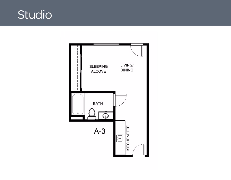 Floor plan of a studio apartment labeled A-3 showing a sleeping alcove, living/dining area, bath with bathtub, toilet and sink, and a kitchenette.