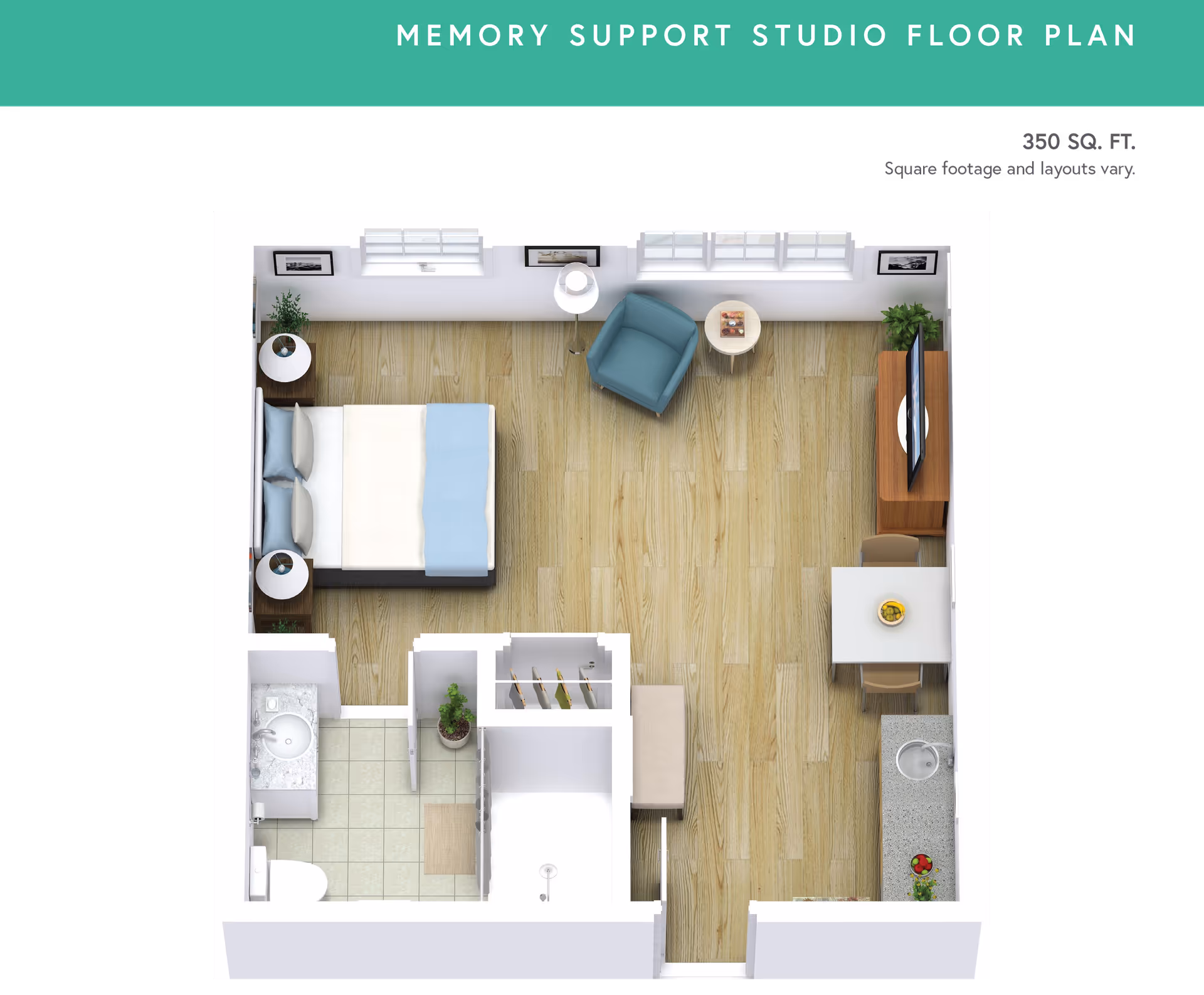 Top-down rendered floor plan of a 350 sq. ft. memory support studio showing a bed, nightstands, seating area, TV, small dining/kitchenette, and a bathroom.