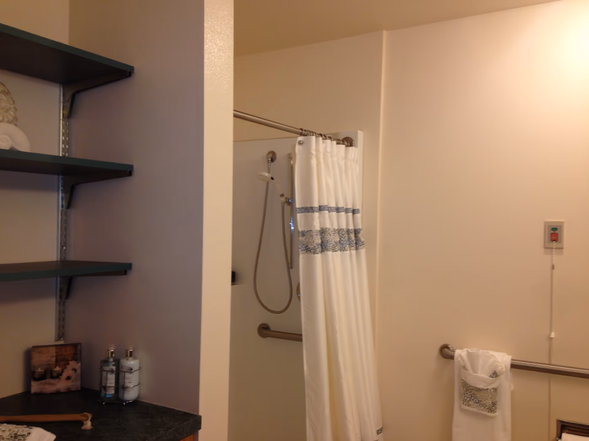 Shower area with a white patterned curtain, grab bars, a handheld showerhead, shelving and a countertop with toiletries in a bathroom.