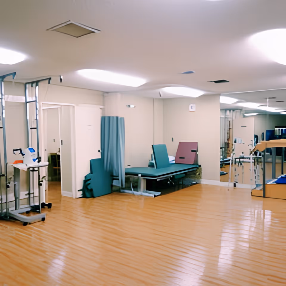 An empty therapy/rehab room with treatment tables, exercise equipment, mirrors, and wood-look flooring.