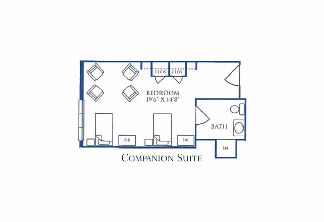 Floor plan of a companion suite showing a bedroom area with two beds, four chairs, two closets, and a bathroom with a shower, toilet, and sink.