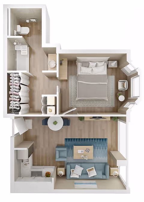 3D floor plan of a one-bedroom apartment featuring a bedroom with a bed, nightstand, and chair; a bathroom with a toilet, sink, and shower; a closet with hanging clothes; a living room with a sofa, armchair, coffee table, TV, and rug; a dining area with a round table and two chairs; and a kitchen with a sink and countertop.