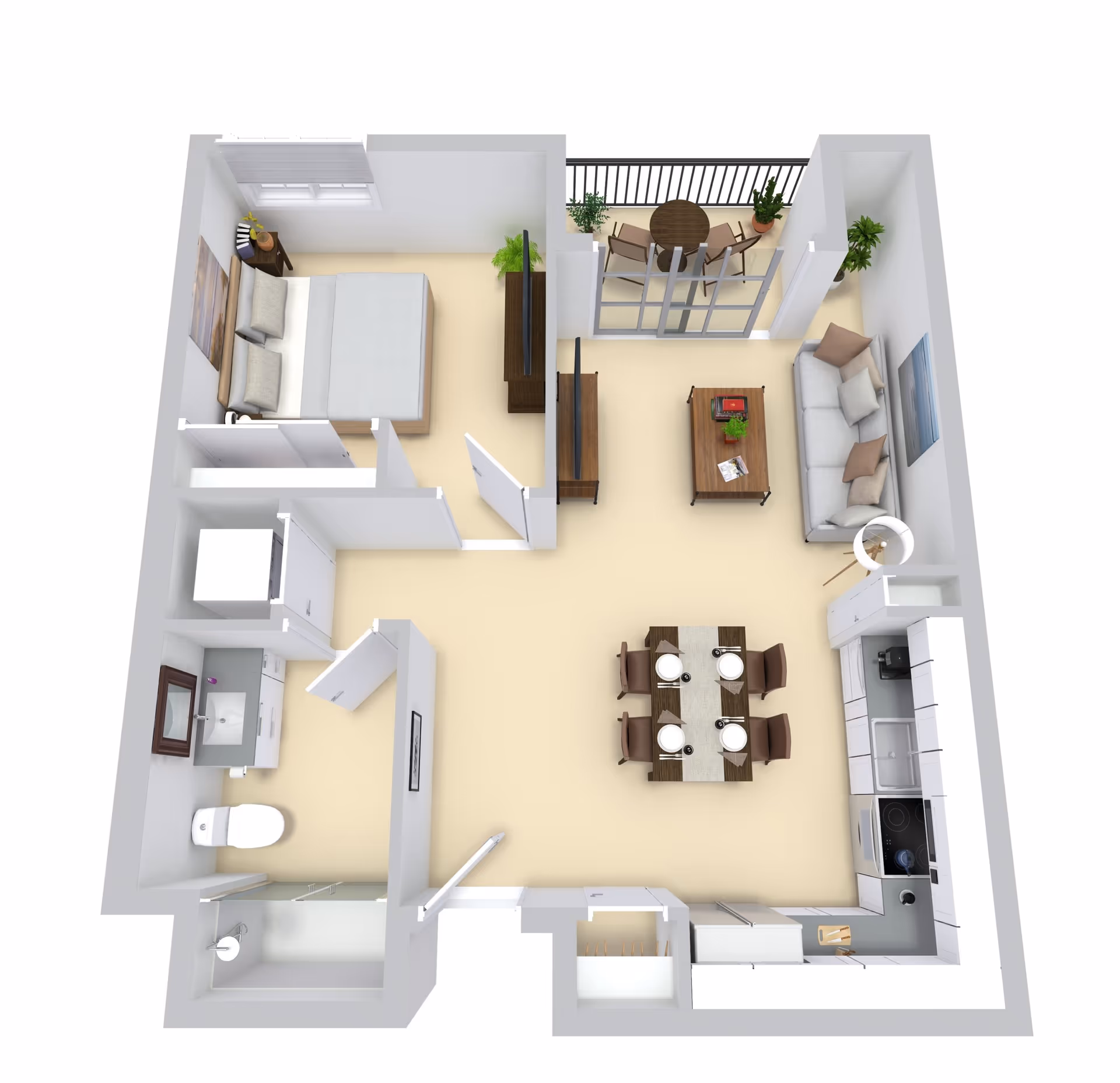 3D floor plan of a one-bedroom apartment featuring a bedroom with a bed and nightstand, a bathroom with a shower, toilet, and sink, an open living room with a sofa, coffee table, and TV, a dining area with a table set for four, a kitchen with appliances and cabinetry, and a balcony with a small table and chairs.