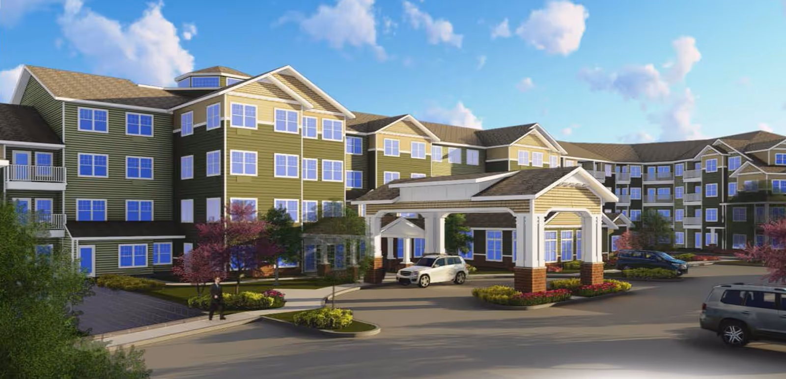 Exterior view of Hessler Heights Gracious Retirement Living with entrance canopy and parked cars.