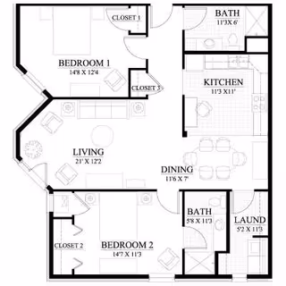 Architectural floor plan of a residential unit at Robinwood Retirement Resort showing two bedrooms, two bathrooms, a kitchen, dining area, living room, laundry room, and closets with dimensions.