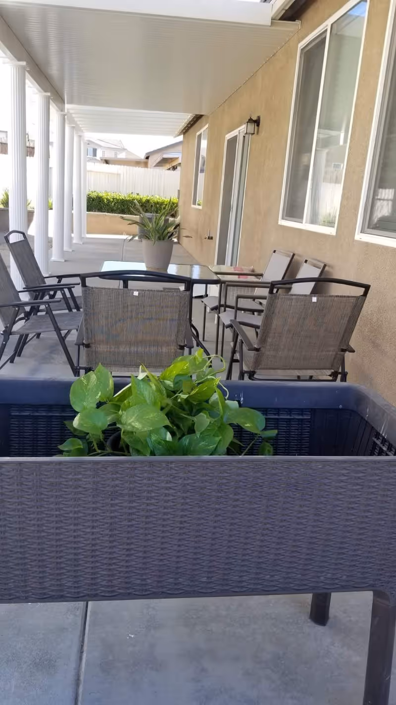 Outdoor patio area with a covered roof, featuring a glass-top table surrounded by six chairs. A planter with green leafy plants is in the foreground, and the patio is adjacent to a beige building with windows and a door. White columns support the roof, and there is a hedge and fence in the background.