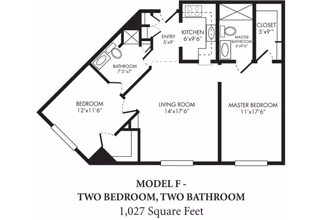 Floor plan of Model F at The Montebello on Academy showing a two-bedroom, two-bathroom apartment with a total area of 1,027 square feet. The layout includes an entry area, kitchen, living room, bedroom, master bedroom with closet and master bathroom, and a second bathroom.