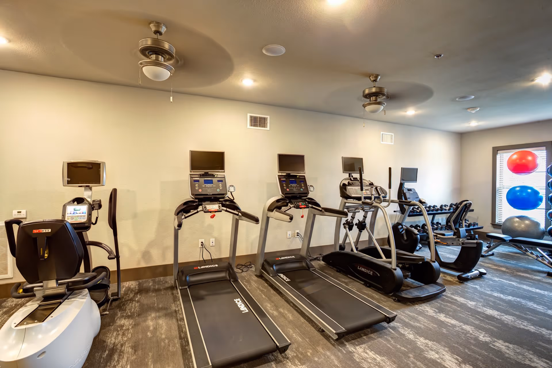 Interior fitness room with treadmills, ellipticals, free weights, and exercise balls.