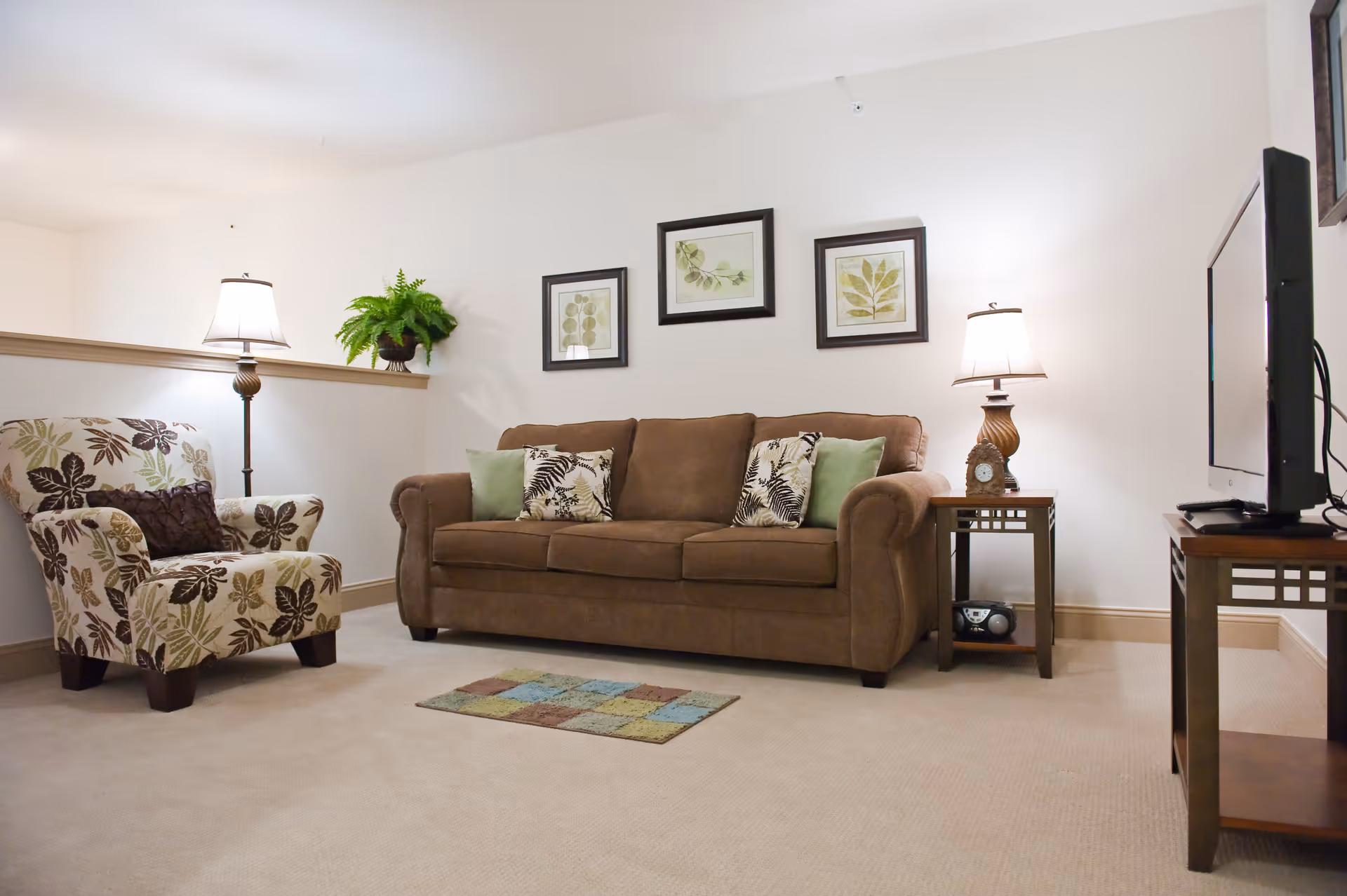A cozy living room with a brown sofa adorned with patterned and green pillows, a floral armchair, two side tables each with a lamp, a small colorful rug on the beige carpet, framed botanical prints on the wall, and a flat-screen TV on a wooden stand.