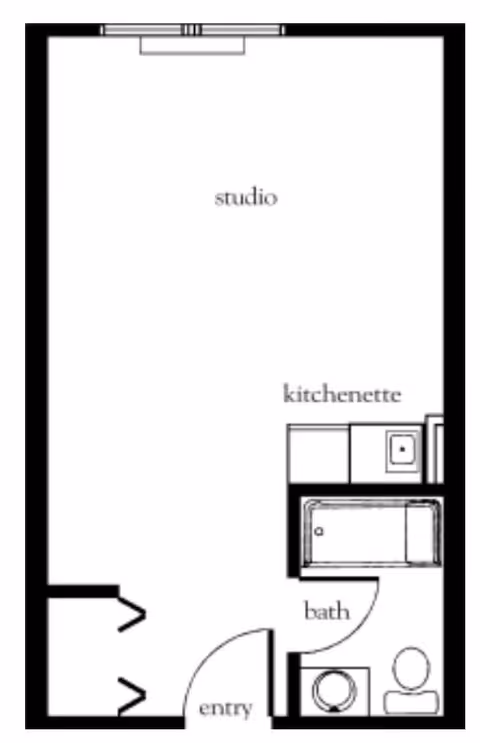 Floor plan of a studio apartment at Celebration Villa of South Hills showing an entry area, a combined studio living space, a kitchenette, and a bathroom with a bathtub, toilet, and sink.